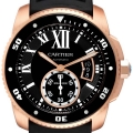 Cartier Calibre Rose Gold Black Dial Rubber Strap Mens Watch W7100052 Box Papers