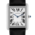 Cartier Tank Solo Steel Silver Dial Black Strap Mens Watch WSTA0028 Box Papers