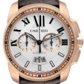 Cartier Calibre Silver Dial Rose Gold Chronograph Mens Watch W7100044