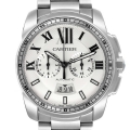 Cartier Calibre Silver Dial Chronograph Steel Mens Watch W7100045 Box Papers