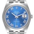 Rolex Datejust 41 Blue Roman Dial Smooth Bezel Steel Mens Watch 126300 Unworn