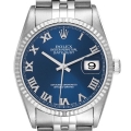 Rolex Datejust 36 Steel White Gold Fluted Bezel Blue Roman Dial Mens Watch 16234