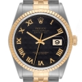 Rolex Datejust Steel Yellow Gold Black Pyramid Dial Mens Watch 16233