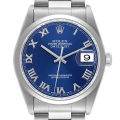Rolex Datejust Blue Roman Dial Smooth Bezel Steel Mens Watch 16200