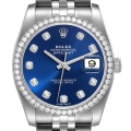 Rolex Datejust Steel White Gold Blue Dial Diamond Bezel Mens Watch 116244