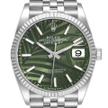 Rolex Datejust Steel White Gold Olive Green Palm Dial Mens Watch 126234 Box Card