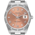 Rolex Date Salmon Dial Engine Turned Bezel Steel Mens Watch 15210