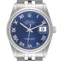 Rolex Datejust 36 Steel White Gold Fluted Bezel Blue Roman Dial Mens Watch 16234