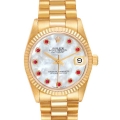 Rolex President Datejust 31 Midsize Yellow Gold Mother of Pearl Ruby Ladies Watch 68278