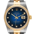 Rolex Datejust Steel Yellow Gold Blue Vignette Diamond Dial Mens Watch 16233
