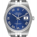 Rolex Datejust 36 Steel White Gold Fluted Bezel Blue Roman Dial Mens Watch 16234