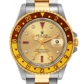 Rolex GMT Master II Root Beer Diamond Ruby Serti Dial Steel Yellow Gold Mens Watch 16713