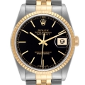Rolex Datejust Steel Yellow Gold Black Dial Mens Watch 16233 Box Papers