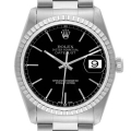 Rolex Datejust Steel Engine Turned Bezel Black Dial Mens Watch 16220 Box Papers