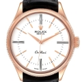 Rolex Cellini Time Rose Gold White Dial Black Strap Mens Watch 50505