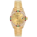 Rolex President Datejust Yellow Gold Diamond Ruby Emerald Ladies Watch 69038