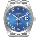 Rolex Datejust 41 Blue Roman Dial Smooth Bezel Steel Mens Watch 126300 Unworn