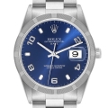 Rolex Date Blue Dial Engine Turned Bezel Steel Mens Watch 15210