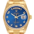 Rolex Day-Date President Yellow Gold Blue Dial Bark Finish Mens Watch 18078