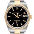 Rolex Date Steel Yellow Gold Engine Turned Bezel Black Dial Mens Watch 15053