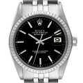 Rolex Datejust Black Dial Engine Turned Bezel Vintage Steel Mens Watch 1603