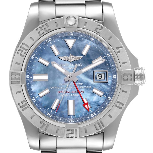 Breitling Avenger II GMT Blue Mother of Pearl Dial Mens Watch A32390 Box Card