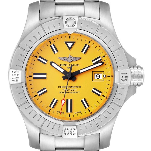 Breitling Avenger 45 Seawolf Yellow Dial Steel Mens Watch A17319 Box Papers