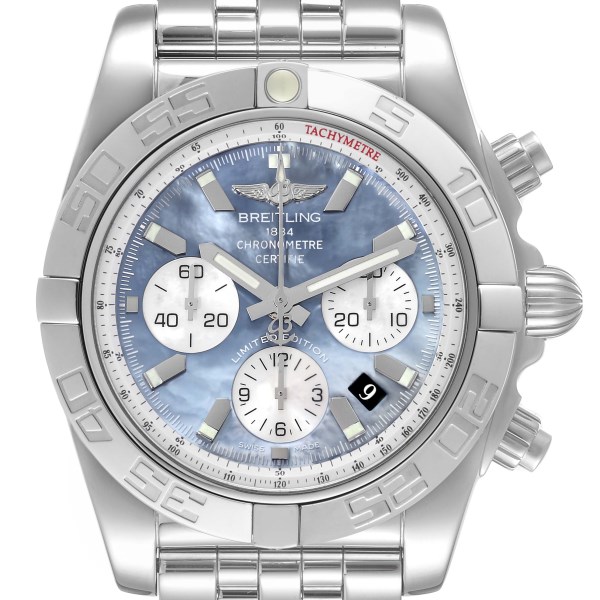 Breitling Chronomat 01 Blue Mother of Pearl Steel Mens Watch AB0110 Box Card