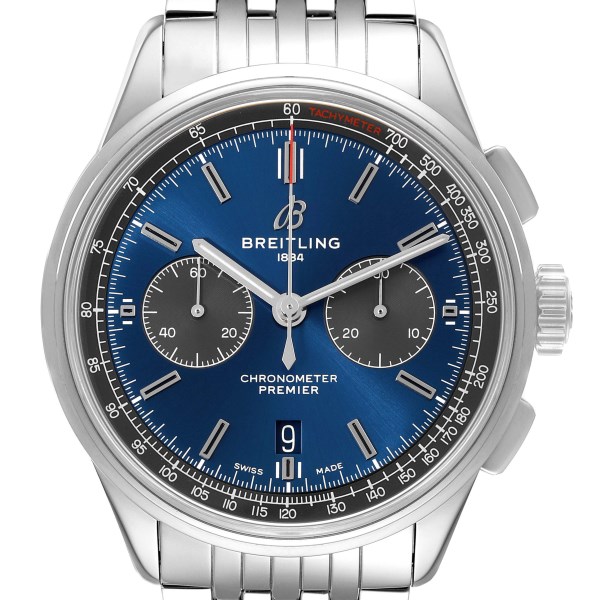 Breitling Premier B01 42mm Blue Dial Steel Mens Watch AB0118 Box Card