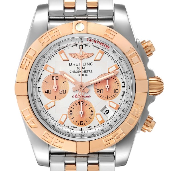 Breitling Chronomat 41 Steel Rose Gold Silver Dial Mens Watch CB0140 Box Card
