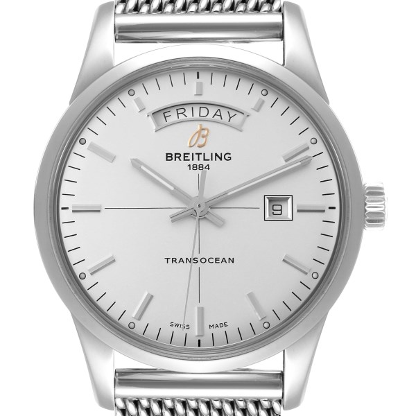 Breitling Transocean Silver Dial Mesh Bracelet Steel Mens Watch A45310 Box Card