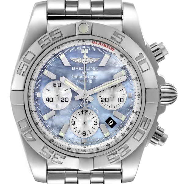 Breitling Chronomat 01 Blue Mother of Pearl Steel Mens Watch AB0110 Box Card