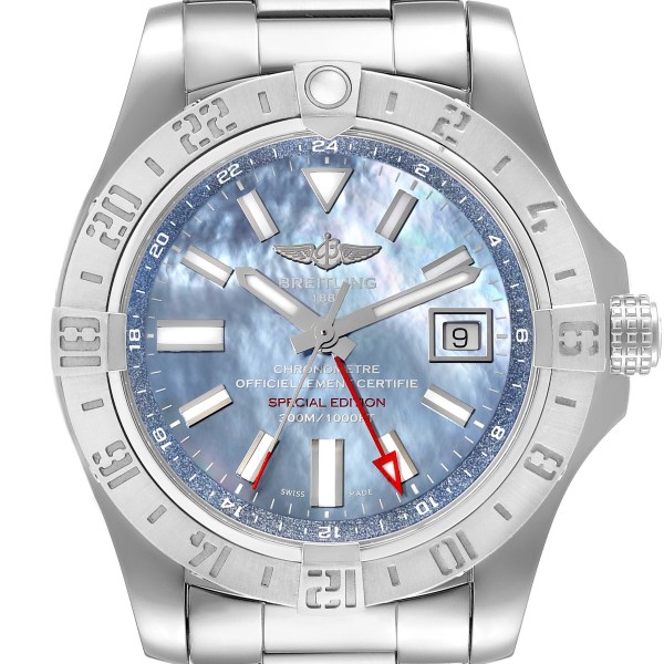 Breitling Avenger II GMT Blue Mother of Pearl Dial Mens Watch A32390 Box Card