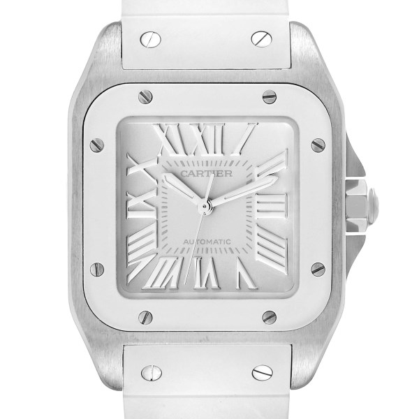 Cartier Santos 100 White Rubber Strap Steel Ladies Watch W20129U2