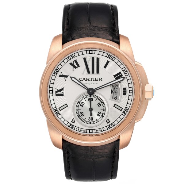 Cartier Calibre Rose Gold Silver Dial Automatic Mens Watch W7100009 Box Papers