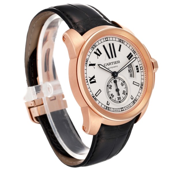 Cartier Calibre Rose Gold Silver Dial Automatic Mens Watch W7100009 Box Papers