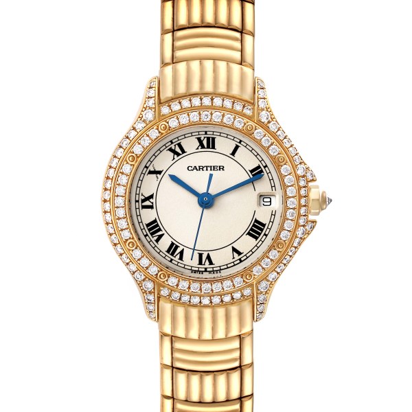 Cartier Cougar Yellow Gold Diamond Bezel Ladies Watch 1171 Box Service Papers