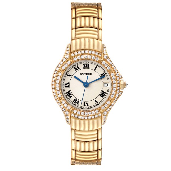 Cartier Cougar Yellow Gold Diamond Bezel Ladies Watch 1171 Box Service Papers