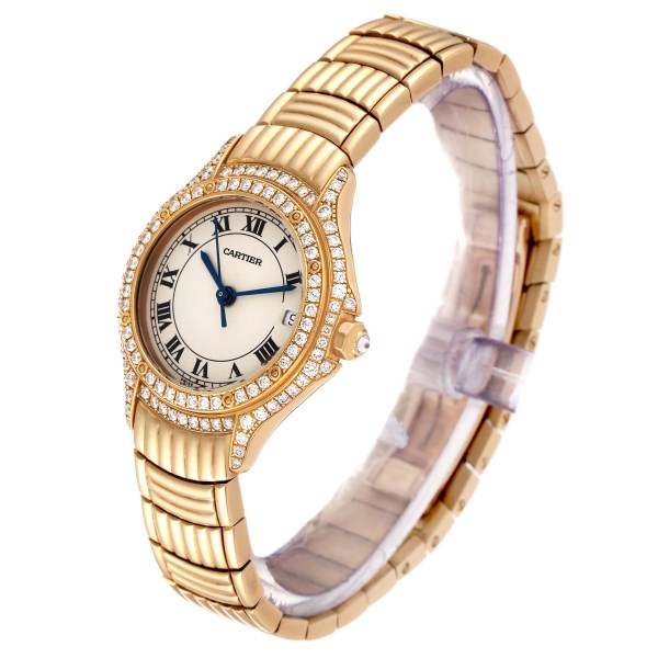 Cartier Cougar Yellow Gold Diamond Bezel Ladies Watch 1171 Box Service Papers