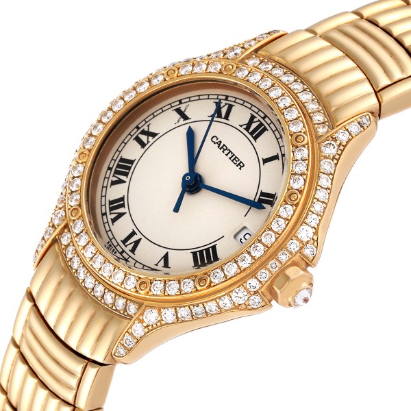 Cartier Cougar Yellow Gold Diamond Bezel Ladies Watch 1171 Box Service Papers