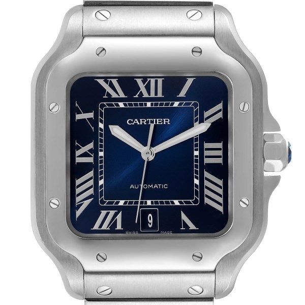 Cartier Santos Stainless Steel Blue Dial Mens Watch WSSA0030 Box Card