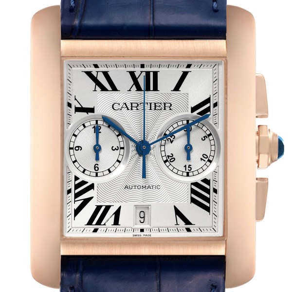 Cartier Tank MC Rose Gold Silver Dial Blue Strap Mens Watch W5330005