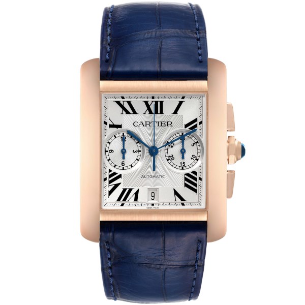 Cartier Tank MC Rose Gold Silver Dial Blue Strap Mens Watch W5330005