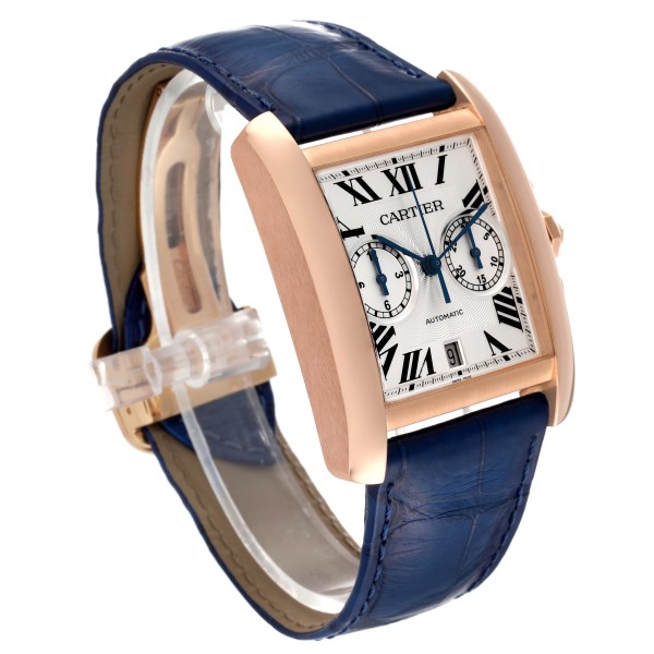 Cartier Tank MC Rose Gold Silver Dial Blue Strap Mens Watch W5330005