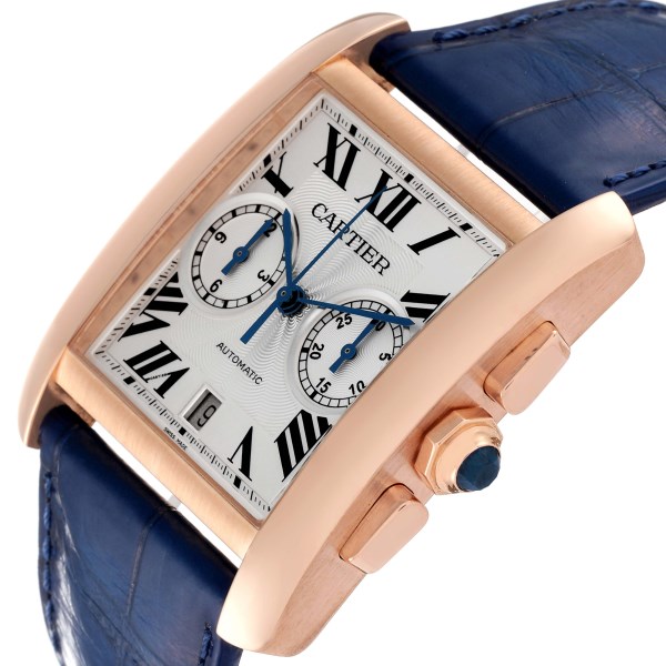 Cartier Tank MC Rose Gold Silver Dial Blue Strap Mens Watch W5330005