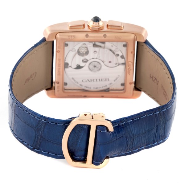 Cartier Tank MC Rose Gold Silver Dial Blue Strap Mens Watch W5330005