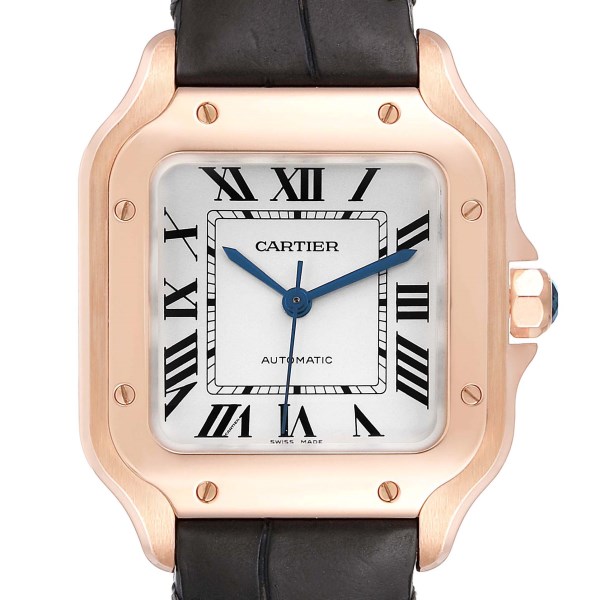 Cartier Santos Midsize Rose Gold Grey Strap Mens Watch WGSA0012 Box Card