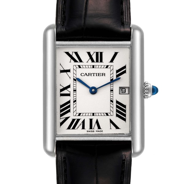 Cartier Tank Louis Large White Gold Black Strap Mens Watch W1540956 Box Card