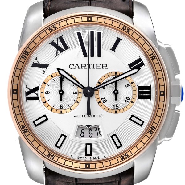 Cartier Calibre Chronograph Steel Rose Gold Mens Watch W7100043 Box Papers