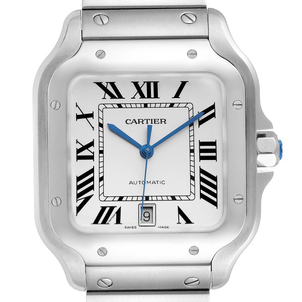 Cartier Santos Silver Dial Large Steel Mens Watch WSSA0018 Box Card Unworn